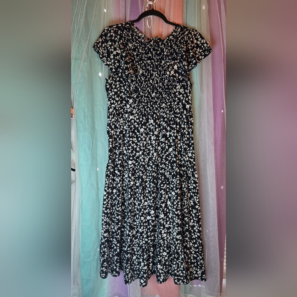 Old Navy Black Floral Midi Dress with White Print